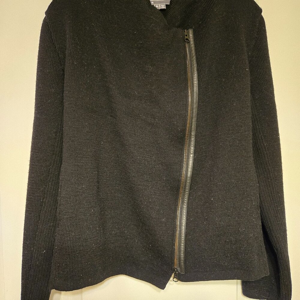 VINCE women's black wool sweater w/leather strip along off center zipper closure